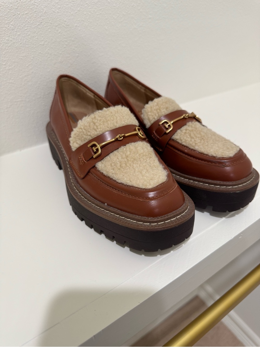 Sam Edelman Brown Leather Loafers with Cream Shearling Trim